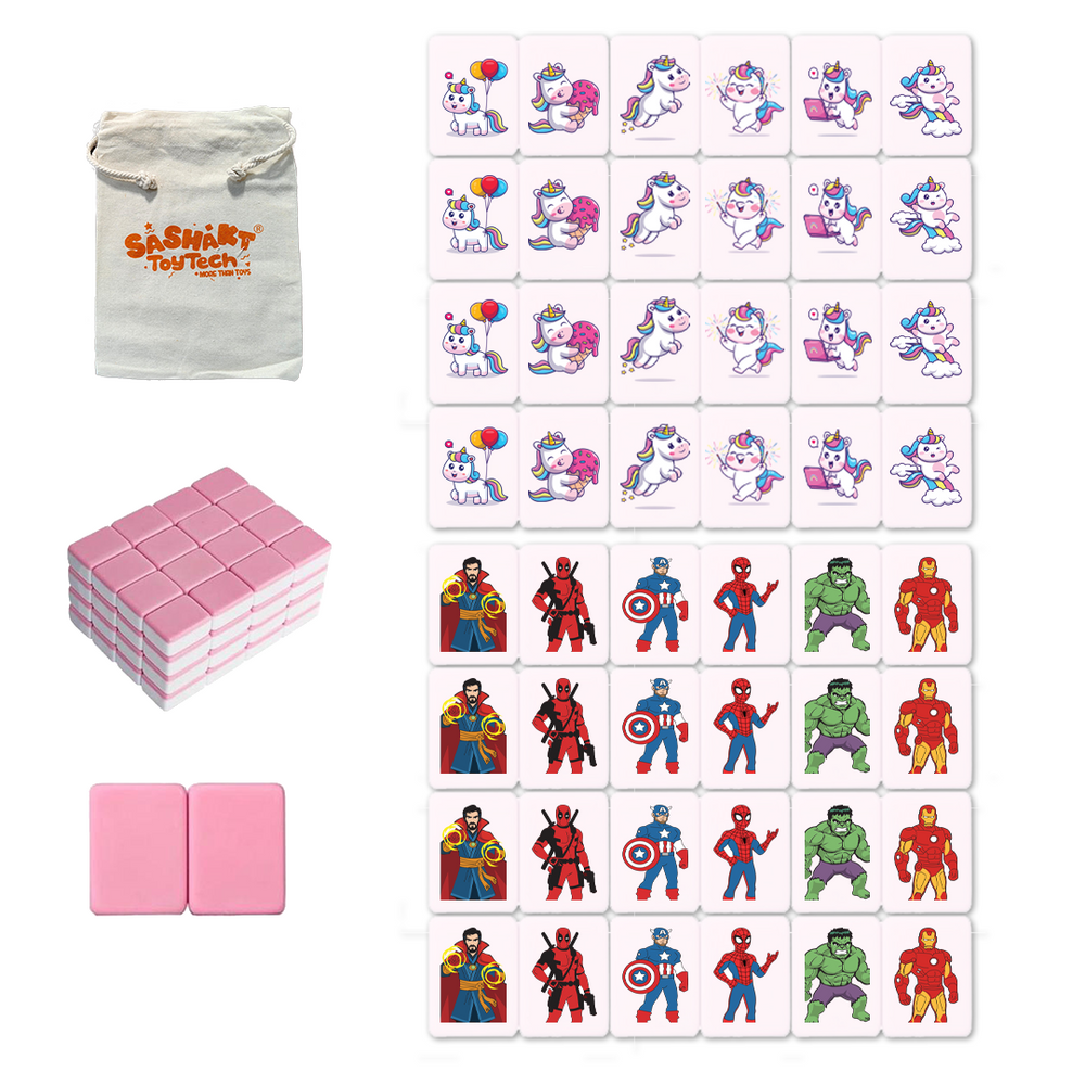 Mahjong Match Block Set (2 Players) , Mahjong Match Tile Game with 49 Premium Tiles(30mm) Animal and Food Pattern, Portable Mahjong Set with A Drawstring Bag