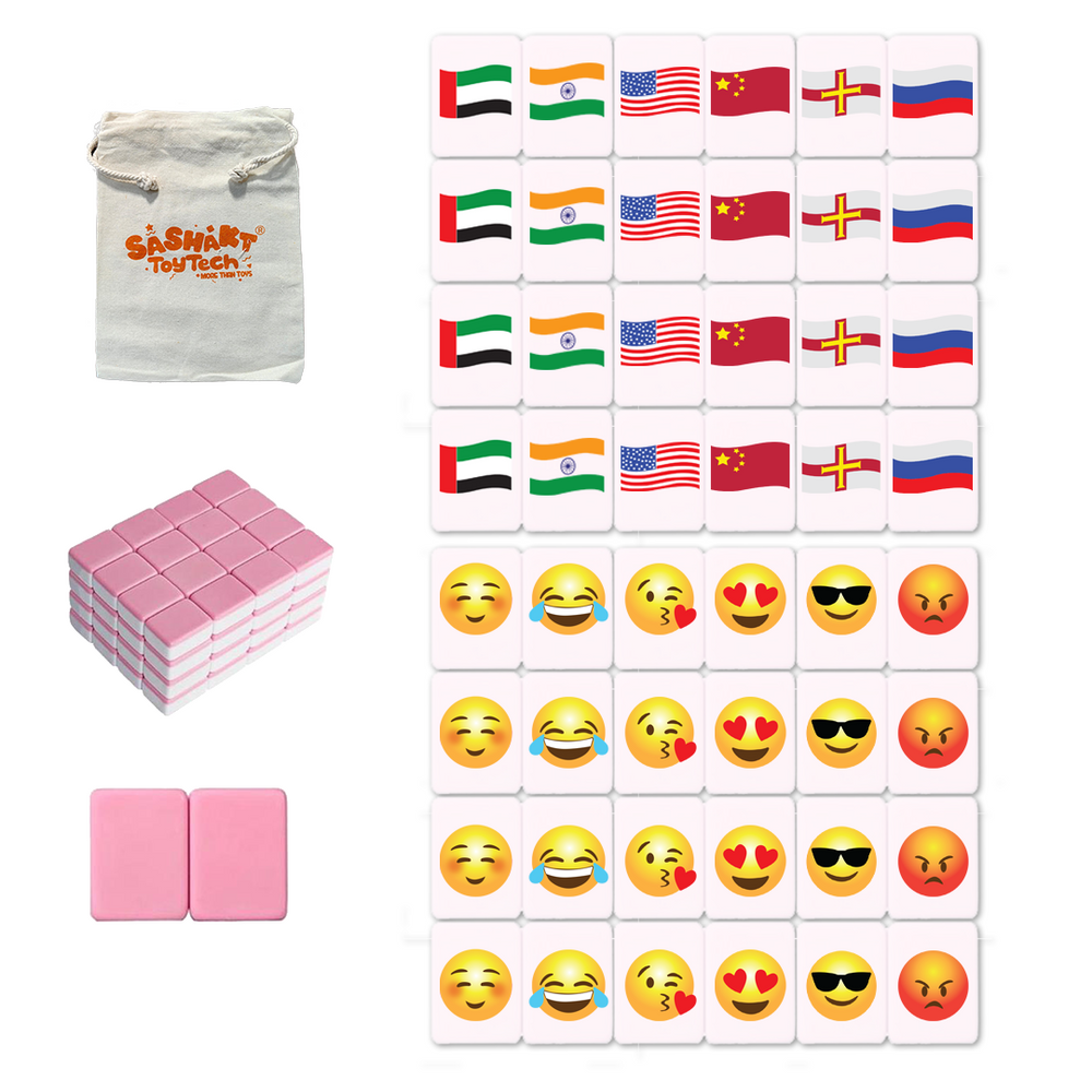 Mahjong Match Block Set (2 Players) , Mahjong Match Tile Game with 49 Premium Tiles(30mm) Animal and Food Pattern, Portable Mahjong Set with A Drawstring Bag
