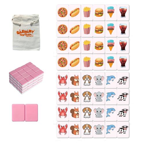 Mahjong Match Block Set (2 Players) , Mahjong Match Tile Game with 49 Premium Tiles(30mm) Animal and Food Pattern, Portable Mahjong Set with A Drawstring Bag