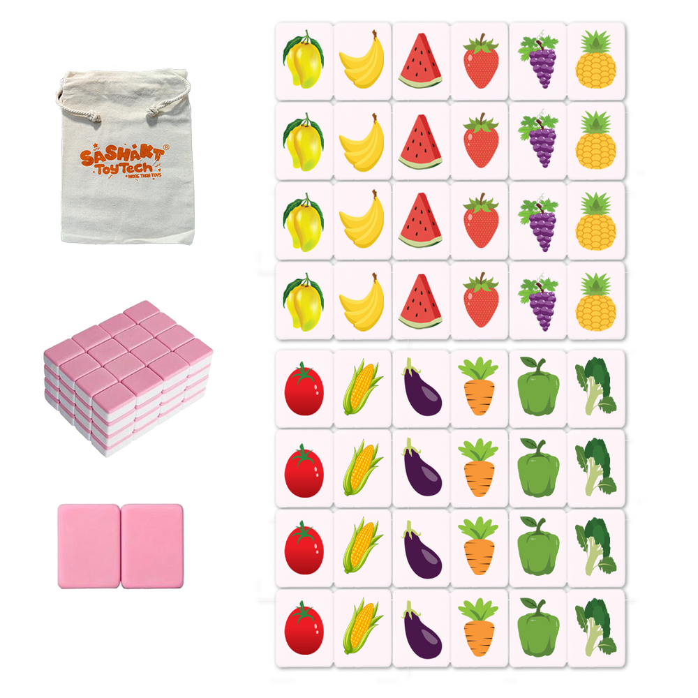 Mahjong Match Block Set (2 Players) , Mahjong Match Tile Game with 49 Premium Tiles(30mm) Animal and Food Pattern, Portable Mahjong Set with A Drawstring Bag