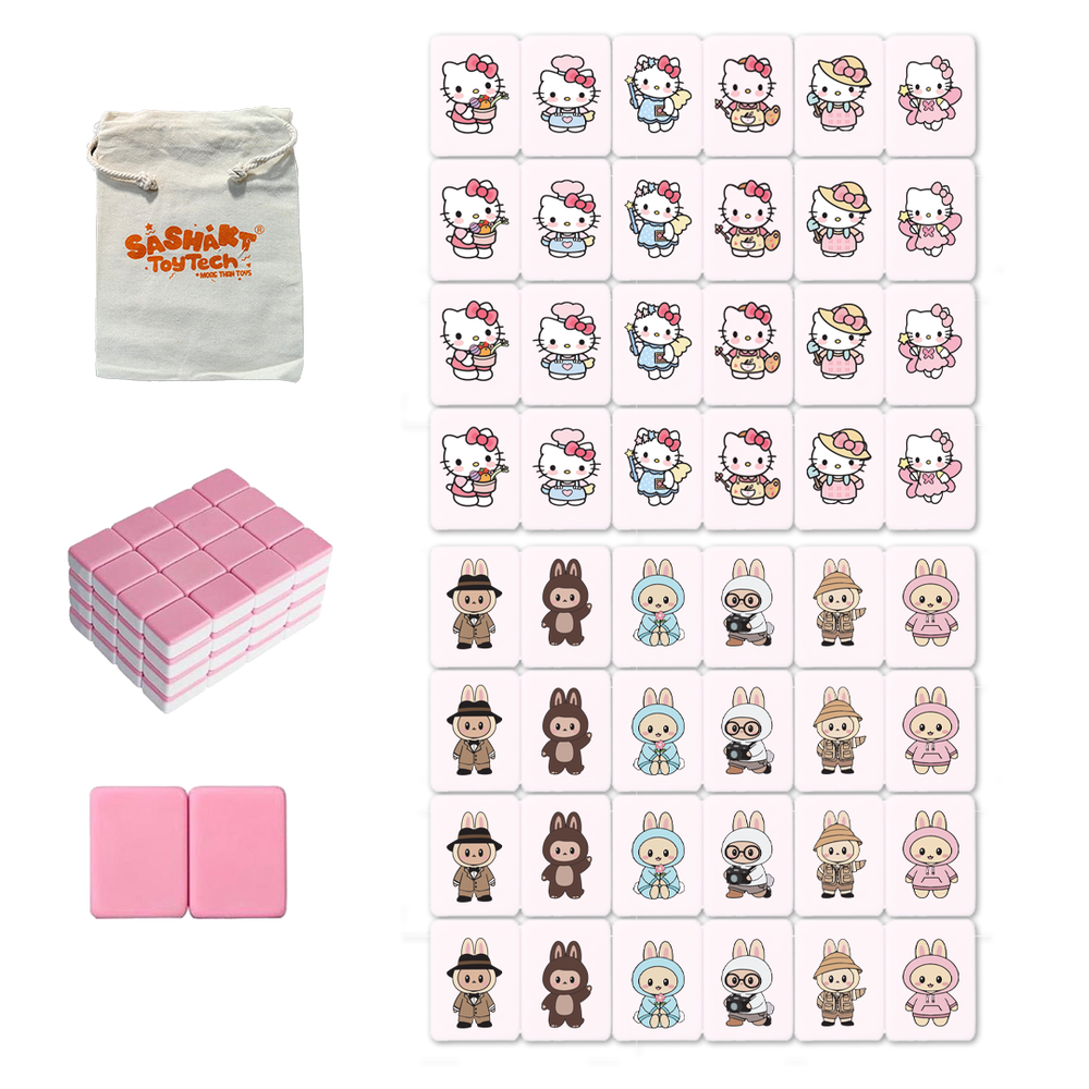 Mahjong Match Block Set (2 Players) , Mahjong Match Tile Game with 49 Premium Tiles(30mm) Animal and Food Pattern, Portable Mahjong Set with A Drawstring Bag
